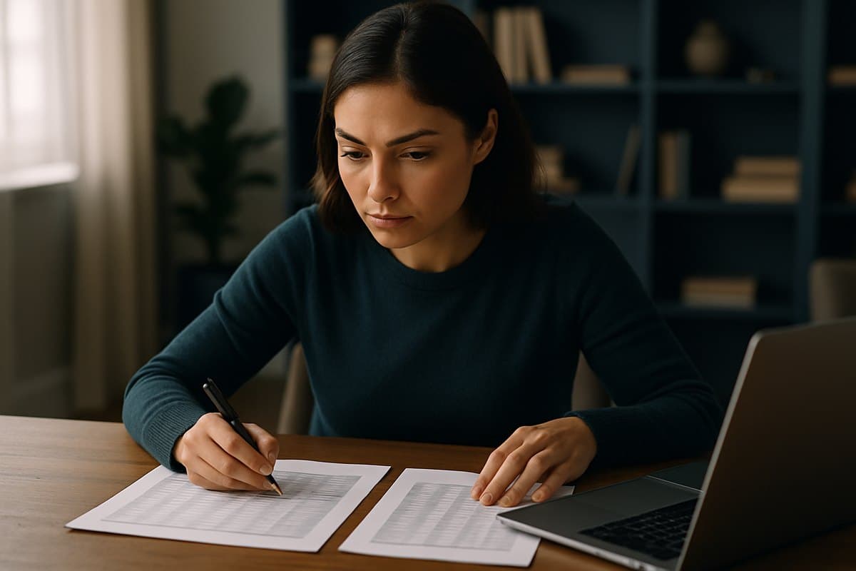 Mujer comparando dos informes con datos de deuda sobre su escritorio