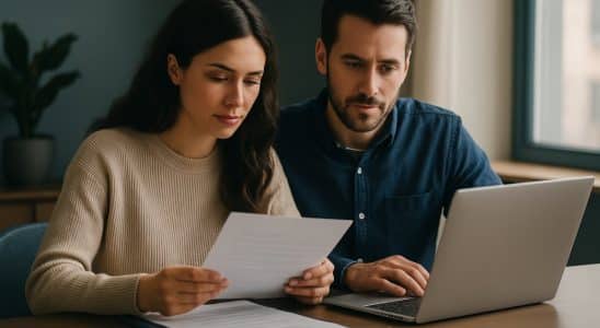 Casal analisando documentos do imóvel e simulações de crédito sobre a mesa