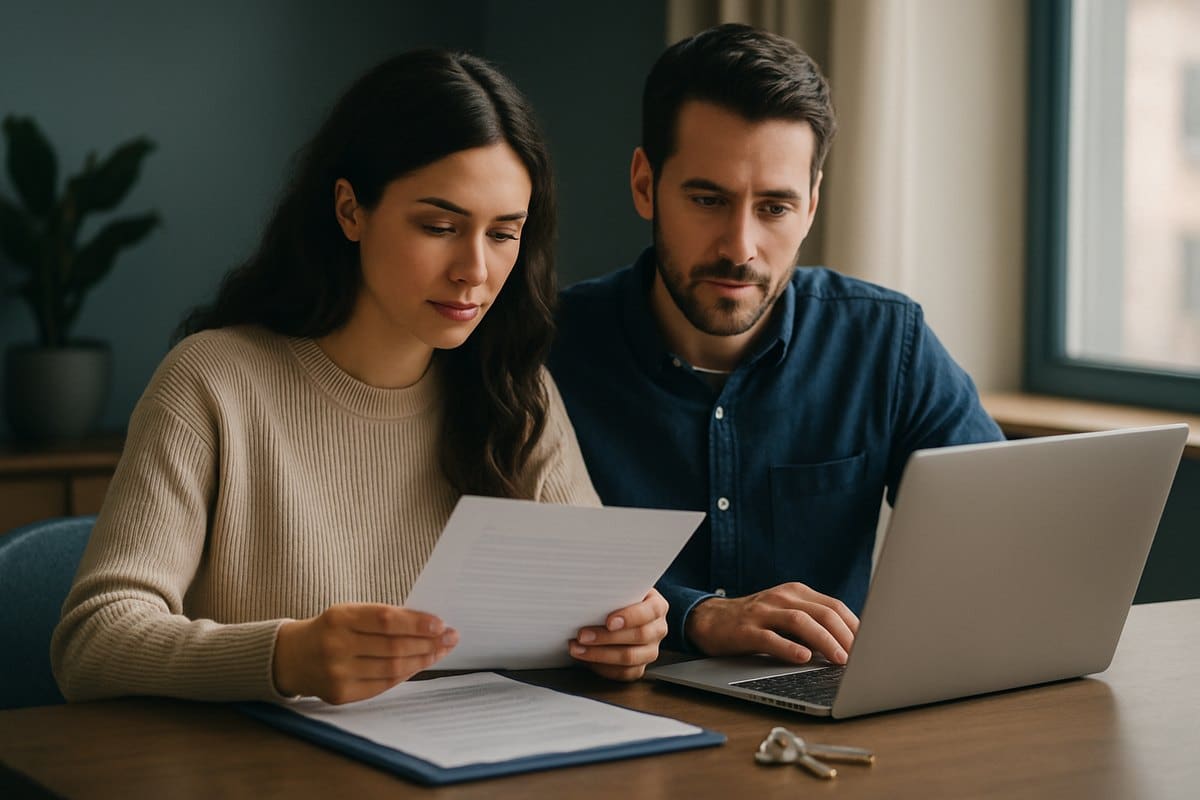 Casal analisando documentos do imóvel e simulações de crédito sobre a mesa