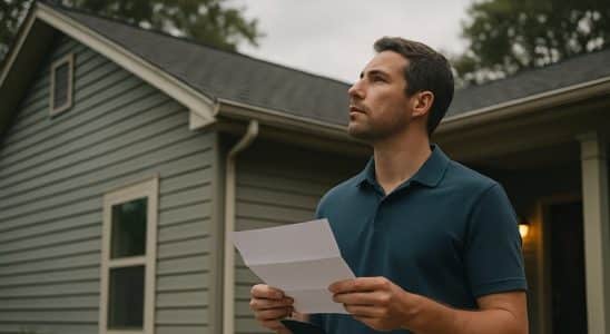 Homeowner on a porch reading a letter while looking up at the roof