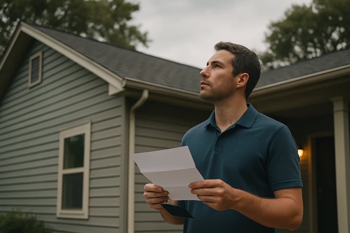 Homeowner on a porch reading a letter while looking up at the roof