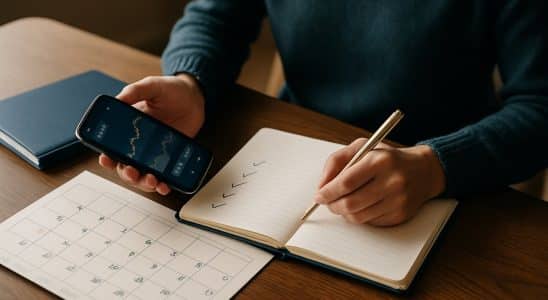 Pessoa marcando etapas de um plano financeiro em um calendário sobre a mesa