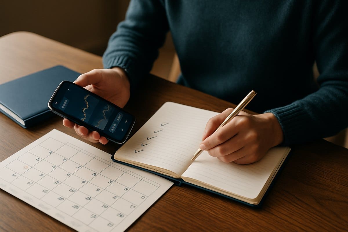 Pessoa marcando etapas de um plano financeiro em um calendário sobre a mesa