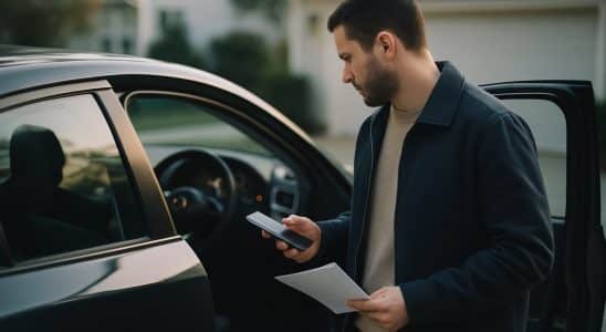 Driver checking vehicle documents and mileage beside a parked car