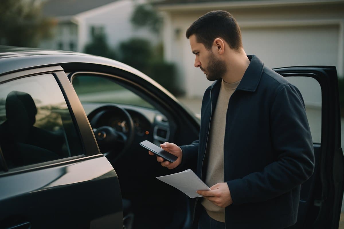Driver checking vehicle documents and mileage beside a parked car