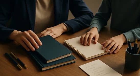 Genitore e figlio organizzano il materiale scolastico all'inizio dell'anno