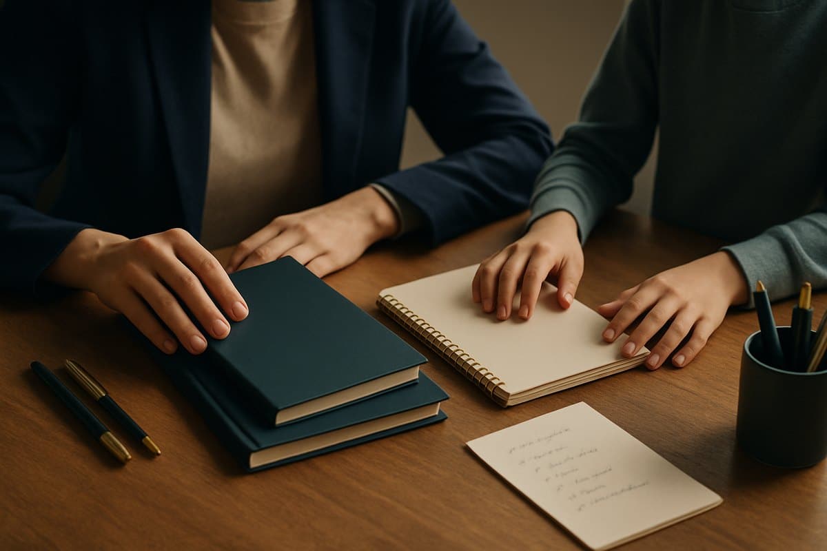 Genitore e figlio organizzano il materiale scolastico all'inizio dell'anno