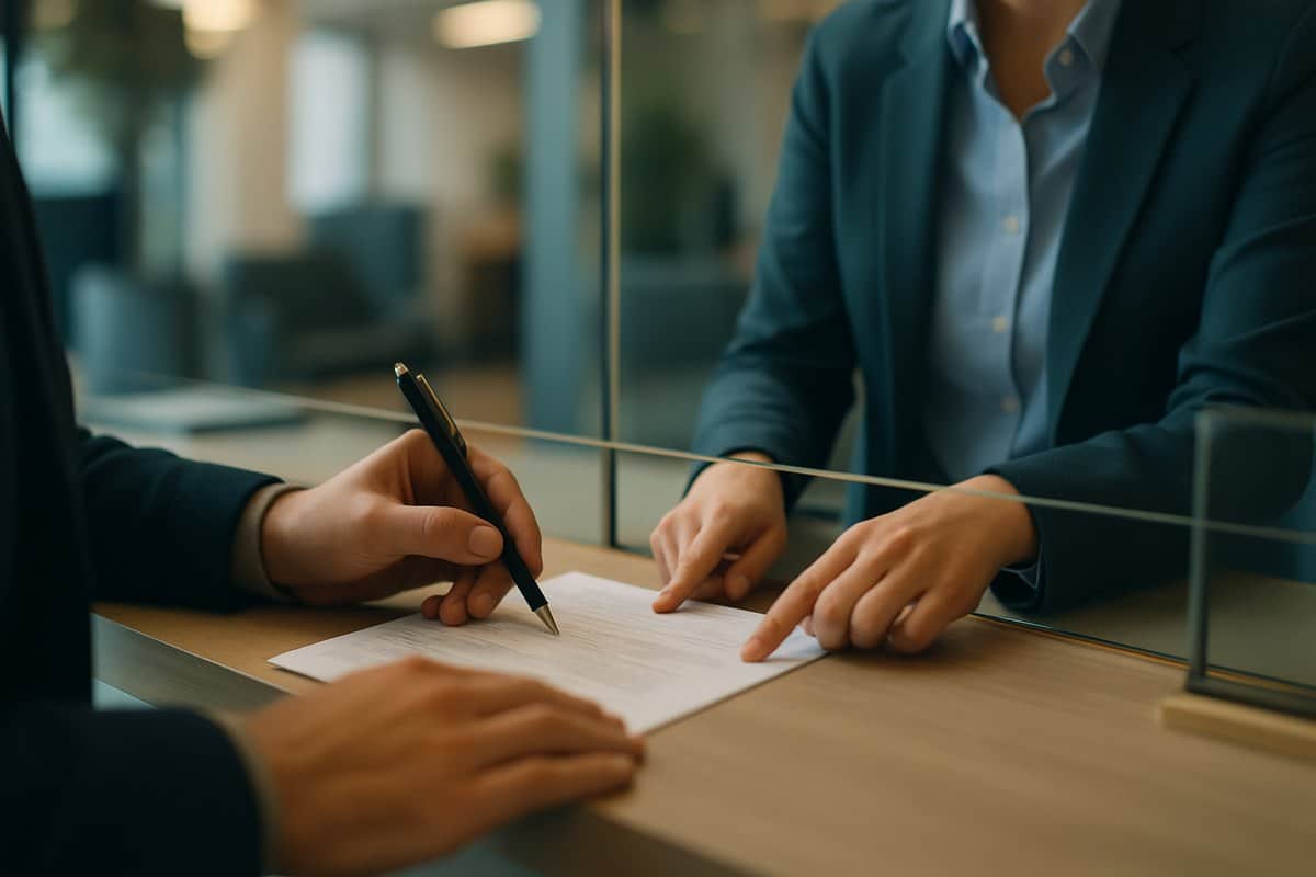 Cliente firmando la solicitud de traslado de cuenta en una oficina bancaria