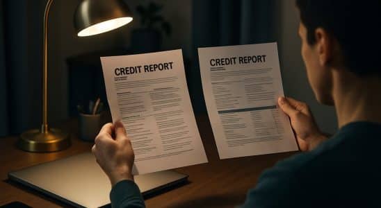 Person comparing two printed credit report summaries at a desk