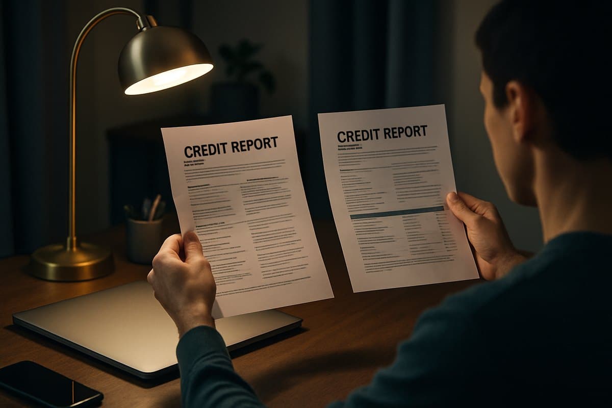 Person comparing two printed credit report summaries at a desk