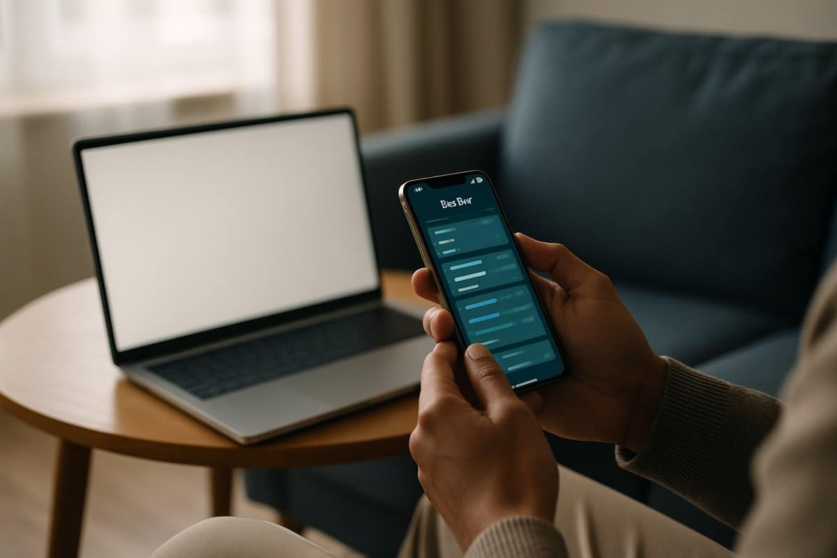 Person checking a banking app on a phone with a laptop nearby