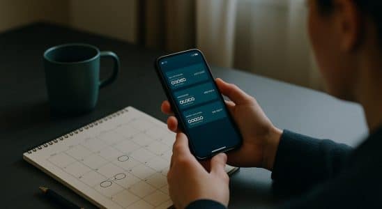 Pessoa organizando o dinheiro do mês com celular e calendário sobre a mesa