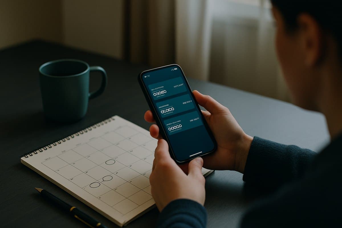 Pessoa organizando o dinheiro do mês com celular e calendário sobre a mesa