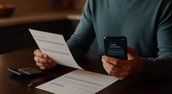 Pessoa comparando a fatura do cartão com a simulação de um empréstimo no celular