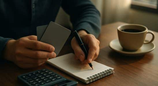 Person comparing two premium credit cards beside a notepad and calculator