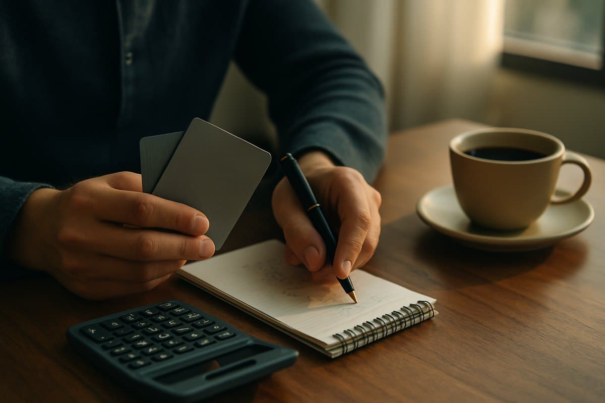 Person comparing two premium credit cards beside a notepad and calculator