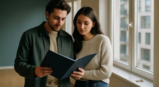 Pareja visitando una vivienda con la carpeta de documentación hipotecaria