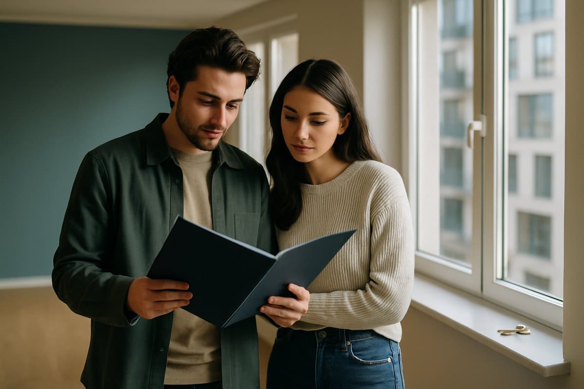 Pareja visitando una vivienda con la carpeta de documentación hipotecaria