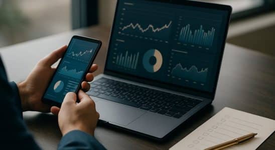 Pessoa comparando informações financeiras no notebook e no celular antes de pedir crédito