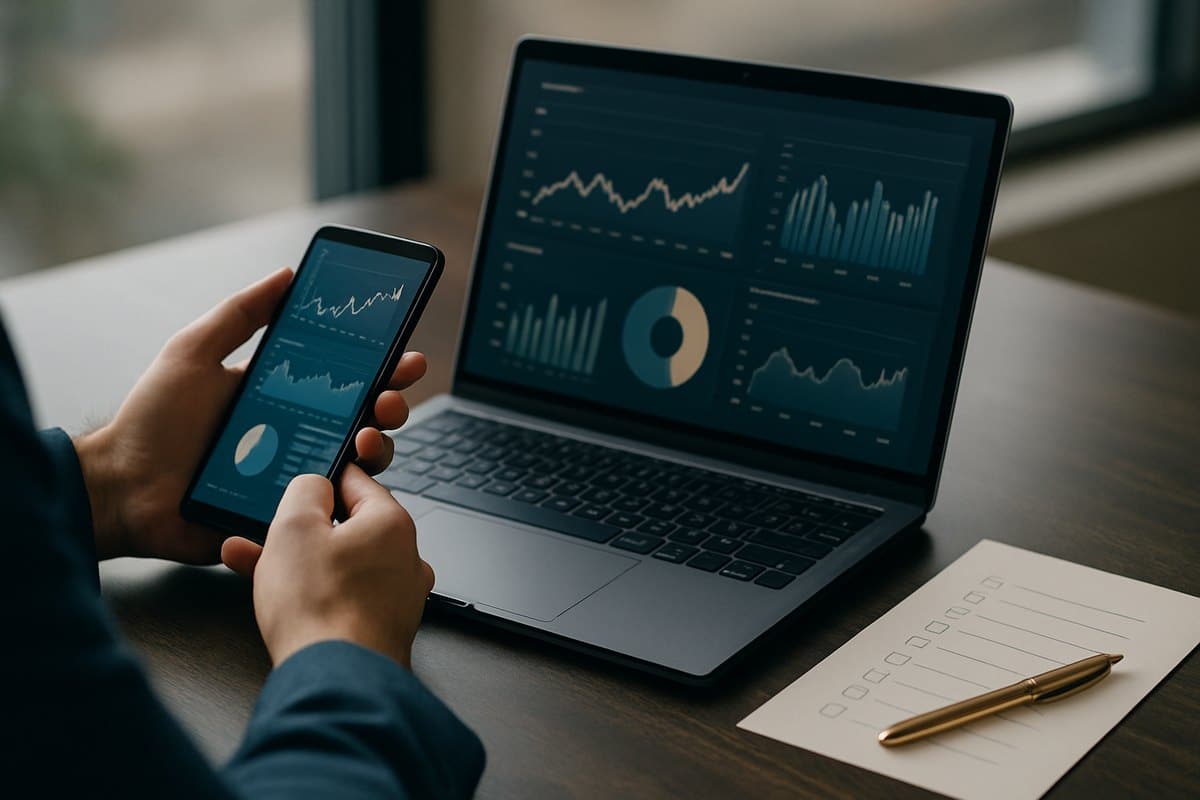 Pessoa comparando informações financeiras no notebook e no celular antes de pedir crédito