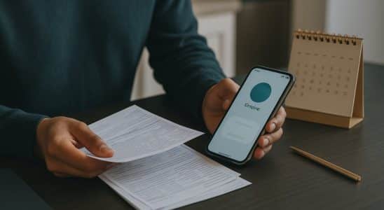 Pessoa comparando extratos bancários e aplicativo de investimentos sobre a mesa