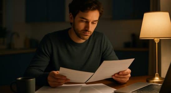 Borrower reviewing federal student loan repayment paperwork at a kitchen table