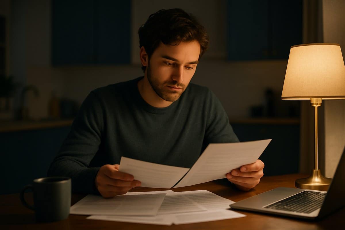 Borrower reviewing federal student loan repayment paperwork at a kitchen table