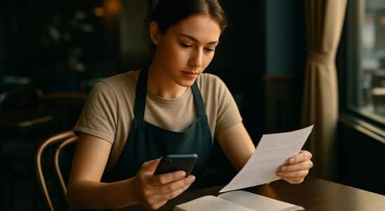 Service worker reviewing a pay stub and notes at a table after a shift