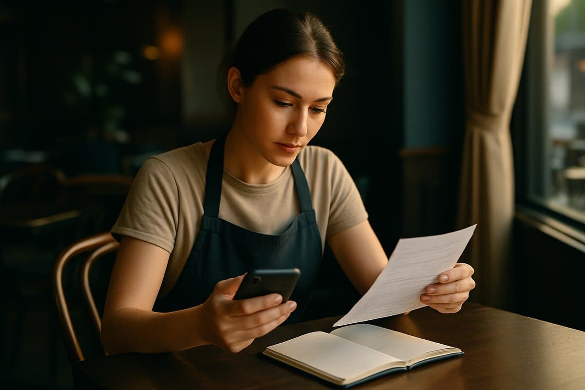 Service worker reviewing a pay stub and notes at a table after a shift