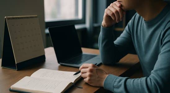 Person weighing financial options at a home office desk