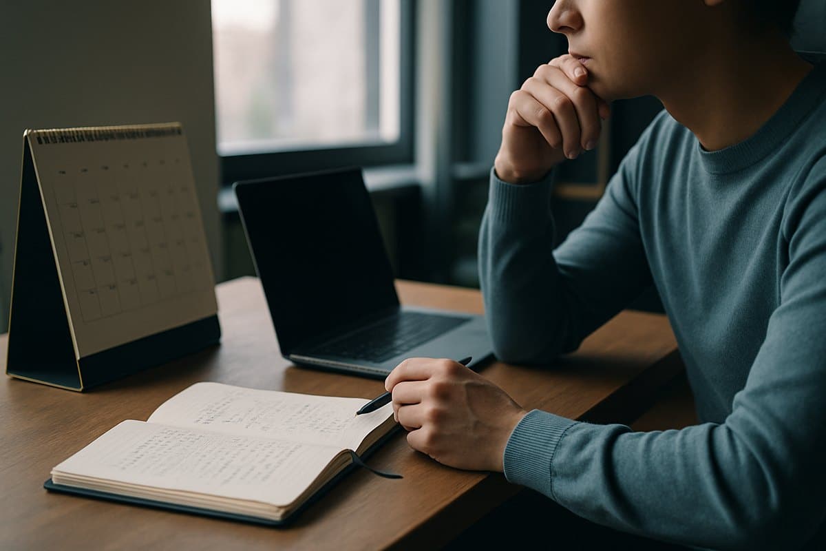 Person weighing financial options at a home office desk