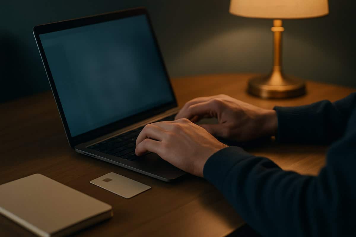 Persona che completa un acquisto online da casa con carta di pagamento