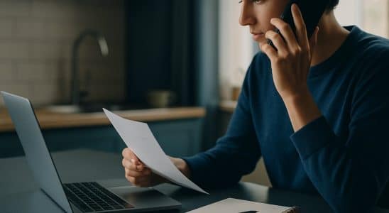 Person calling a card issuer while reviewing a statement at home