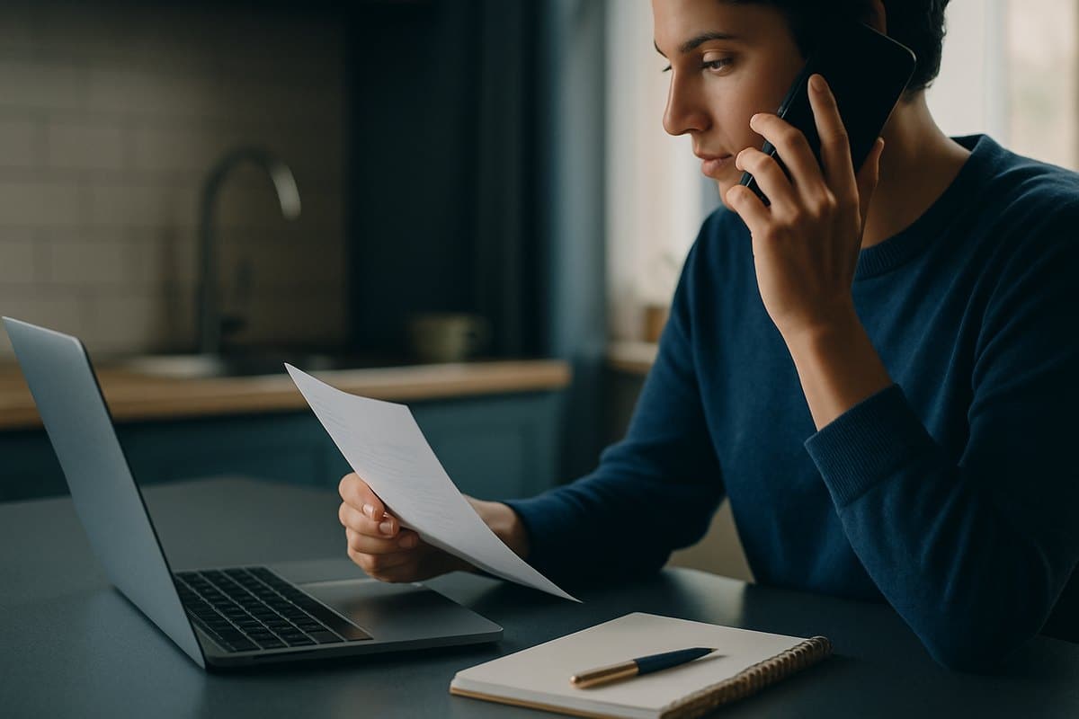 Person calling a card issuer while reviewing a statement at home
