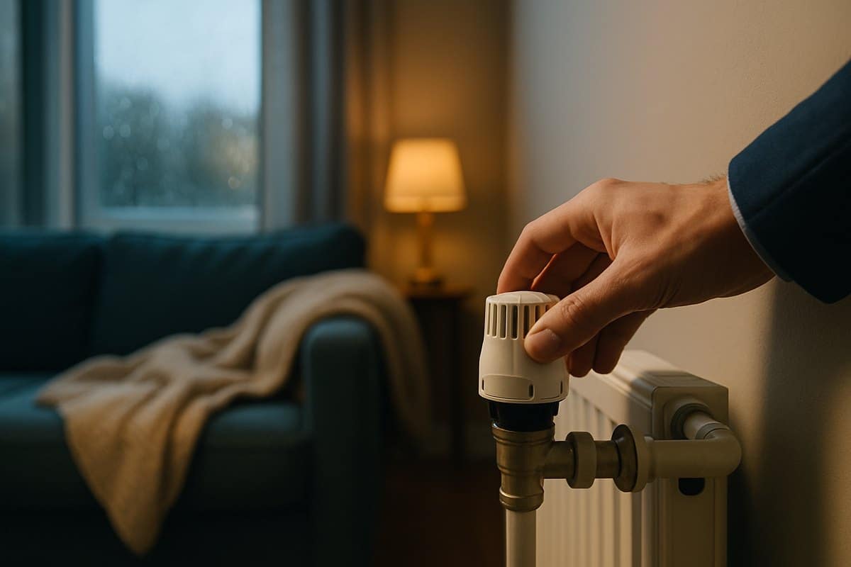 Persona ajustando el termostato de un radiador en el salón de casa