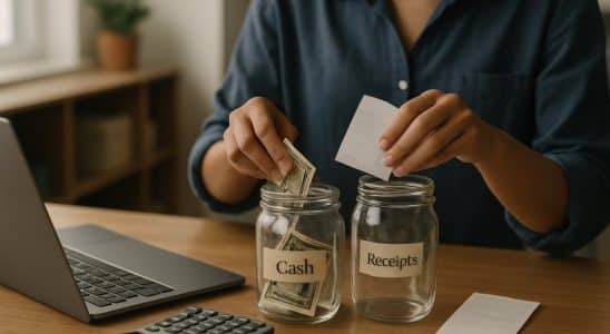 Autônomo organizando receitas em dois potes separados sobre a mesa de trabalho