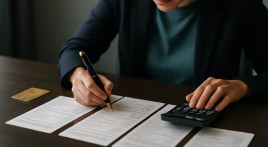 Persona ordenando extractos de tarjeta para planificar la amortización de su deuda