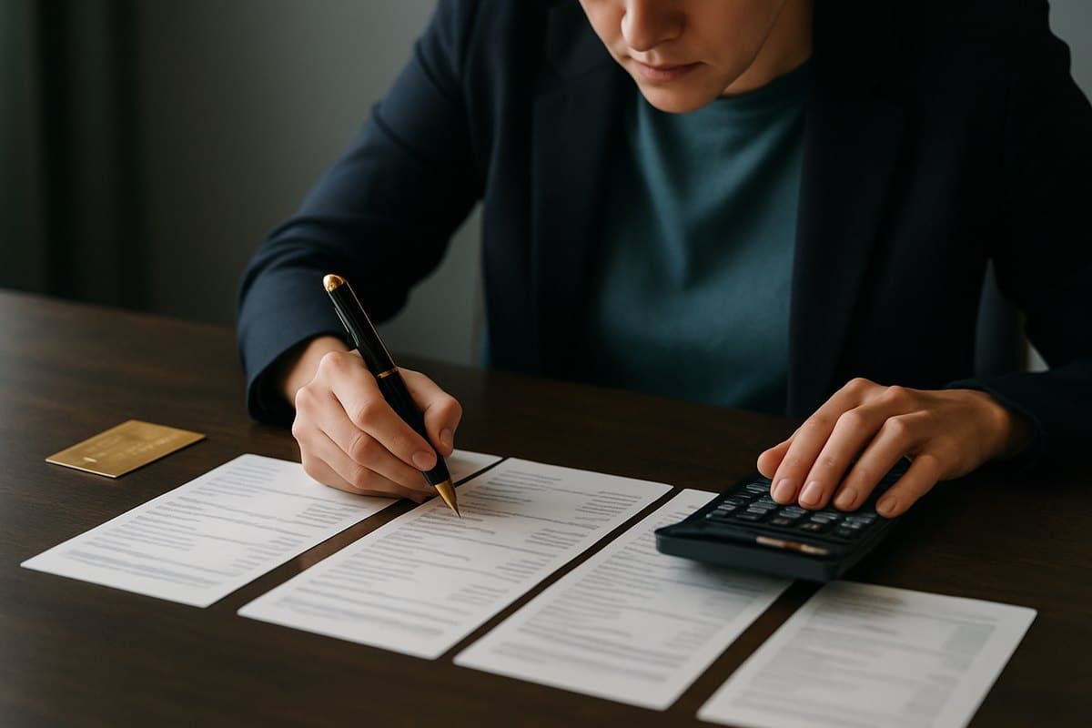 Persona ordenando extractos de tarjeta para planificar la amortización de su deuda
